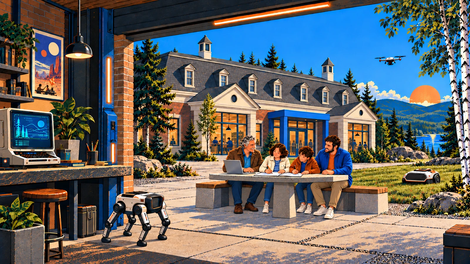 Depuis un atelier ouvert, trois générations dessinent ensemble devant un bâtiment de brique inspiré d'Arvida. Des appareils actuels côtoient leur table ; une affiche de science-fiction est accrochée à gauche.